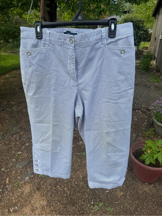 Karen Scott Pants - Karen Scott Blue and White Striped Capris with Button Cuffs